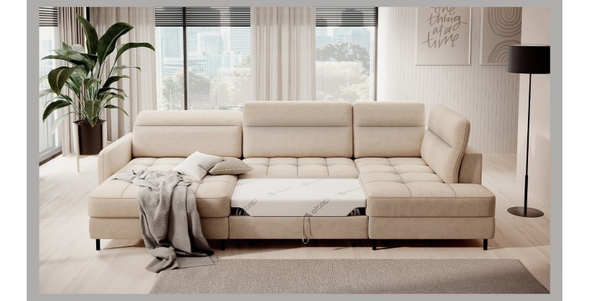 Canapé d’angle convertible BERTHO 306 cm beige crème – Angle gauche avec coffre 