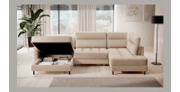 Canapé d’angle convertible BERTHO 306 cm beige crème – Angle gauche avec coffre 