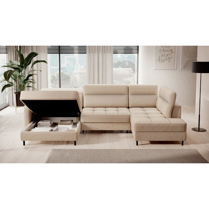 Canapé d’angle convertible BERTHO 306 cm beige crème – Angle gauche avec coffre 