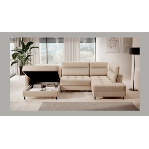 Canapé d’angle convertible BERTHO 306 cm beige crème – Angle gauche avec coffre 