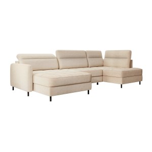 Canapé d’angle convertible BERTHO 306 cm beige crème – Angle gauche avec coffre 