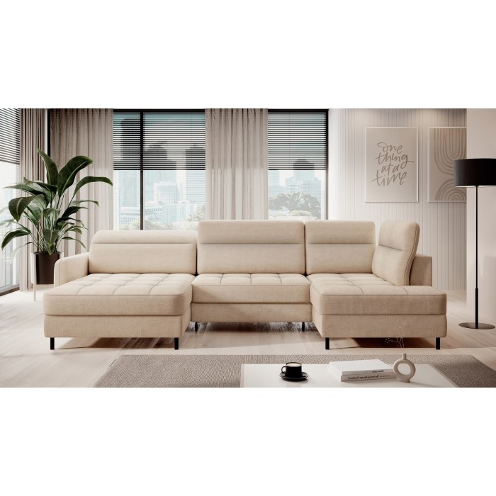 Canapé d’angle convertible BERTHO 306 cm beige crème – Angle gauche avec coffre 