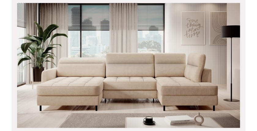 Canapé d’angle convertible BERTHO 306 cm beige crème – Angle gauche avec coffre 