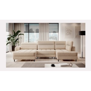 Canapé d’angle convertible BERTHO 306 cm beige crème – Angle gauche avec coffre 