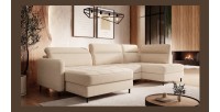 Canapé d’angle convertible BERTHO 306 cm beige crème – Angle gauche avec coffre 