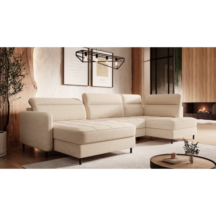 Canapé d’angle convertible BERTHO 306 cm beige crème – Angle gauche avec coffre 