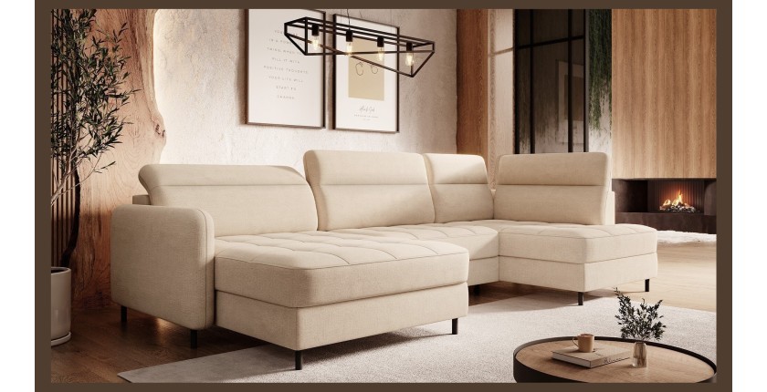 Canapé d’angle convertible BERTHO 306 cm beige crème – Angle gauche avec coffre 