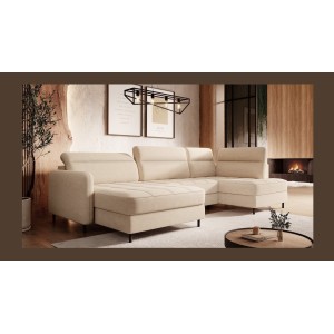 Canapé d’angle convertible BERTHO 306 cm beige crème – Angle gauche avec coffre 