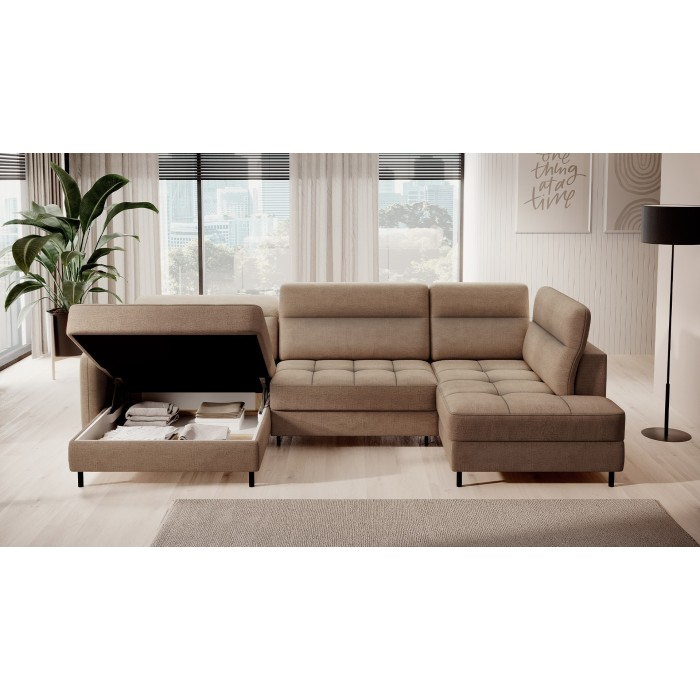 Canapé d’angle convertible BERTHO 306 cm marron clair – Angle gauche avec coffre 
