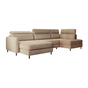 Canapé d’angle convertible BERTHO 306 cm marron clair – Angle gauche avec coffre 