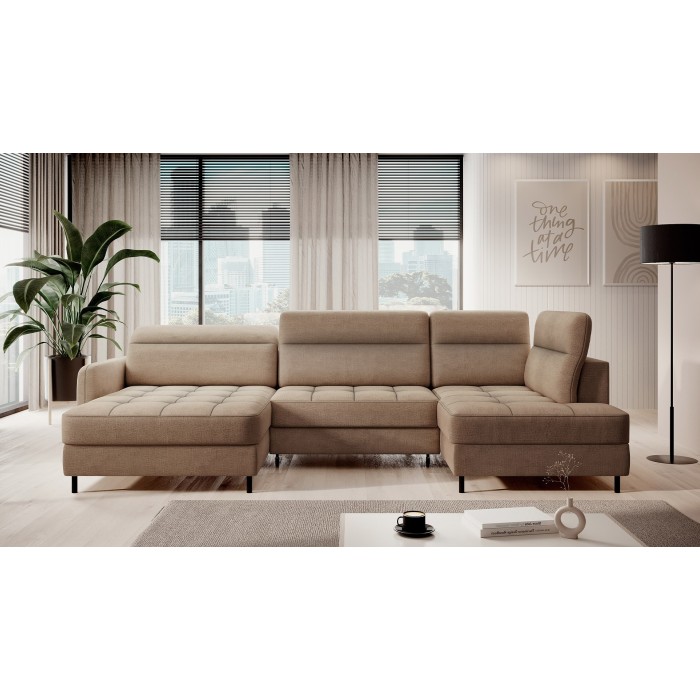 Canapé d’angle convertible BERTHO 306 cm marron clair – Angle gauche avec coffre 