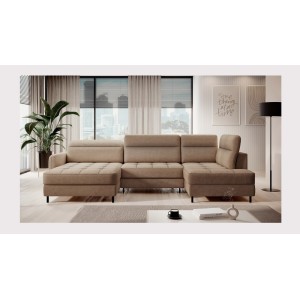 Canapé d’angle convertible BERTHO 306 cm marron clair – Angle gauche avec coffre 