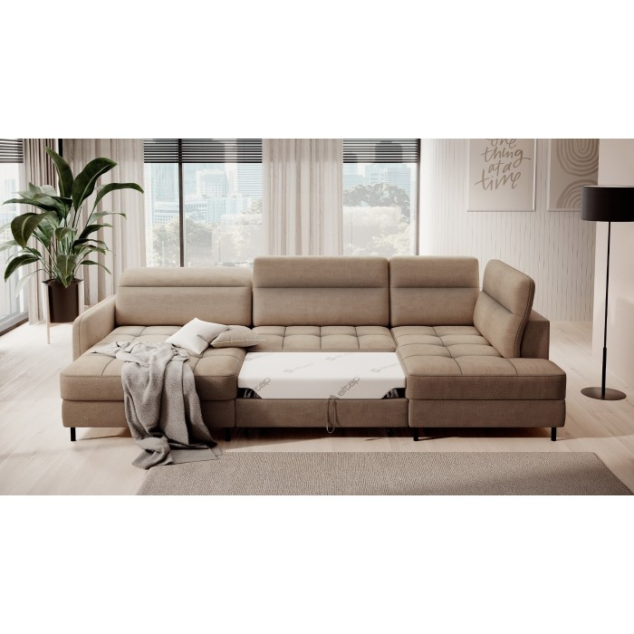 Canapé d’angle convertible BERTHO 306 cm marron clair – Angle gauche avec coffre 