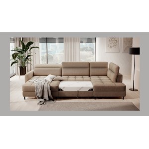 Canapé d’angle convertible BERTHO 306 cm marron clair – Angle gauche avec coffre 