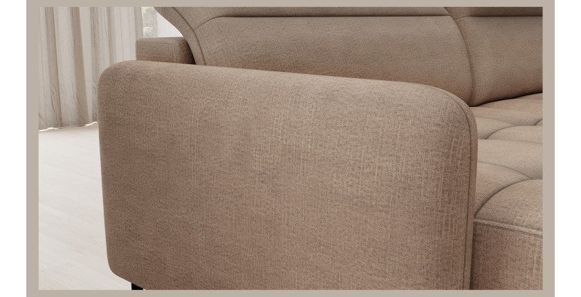 Canapé d’angle convertible BERTHO 306 cm marron clair – Angle gauche avec coffre 