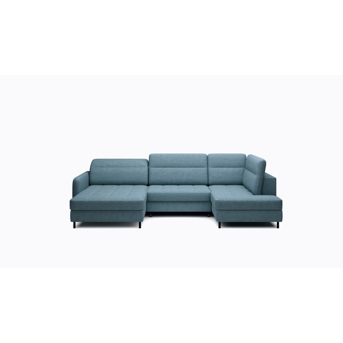 Canapé d’angle convertible BERTHO 306 cm bleu canard – Angle gauche avec coffre 