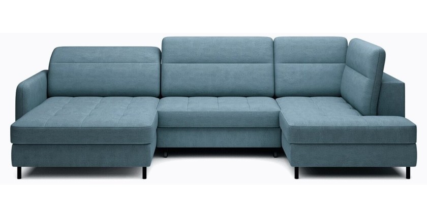 Canapé d’angle convertible BERTHO 306 cm bleu canard – Angle gauche avec coffre 