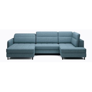 Canapé d’angle convertible BERTHO 306 cm bleu canard – Angle gauche avec coffre 