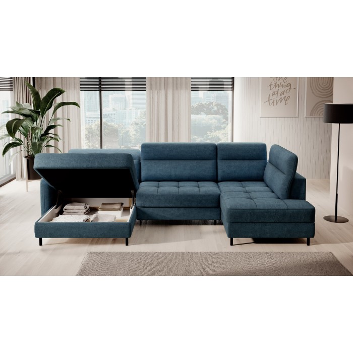 Canapé d’angle convertible BERTHO 306 cm bleu canard – Angle gauche avec coffre 