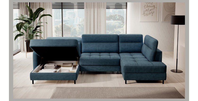 Canapé d’angle convertible BERTHO 306 cm bleu canard – Angle gauche avec coffre 