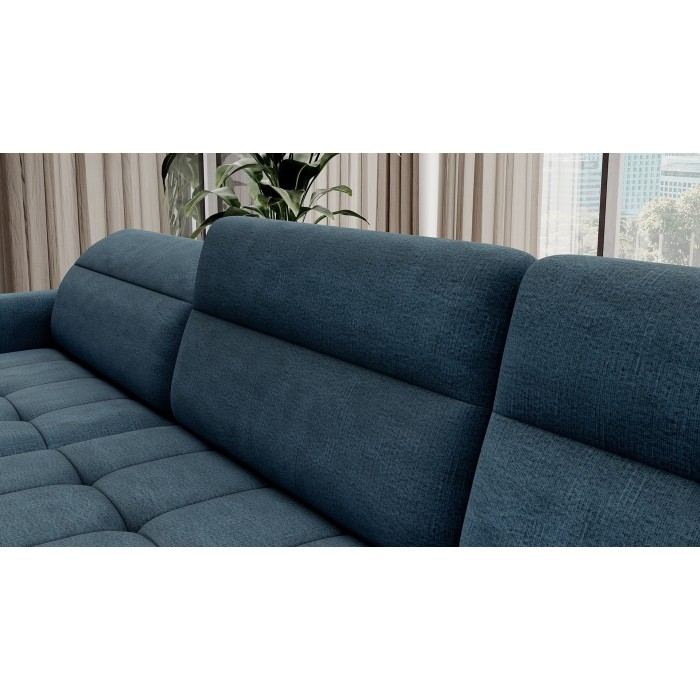 Canapé d’angle convertible BERTHO 306 cm bleu canard – Angle gauche avec coffre 