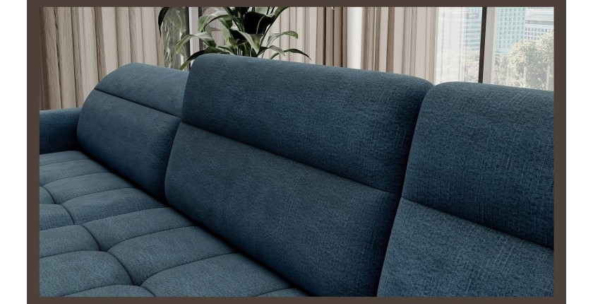 Canapé d’angle convertible BERTHO 306 cm bleu canard – Angle gauche avec coffre 