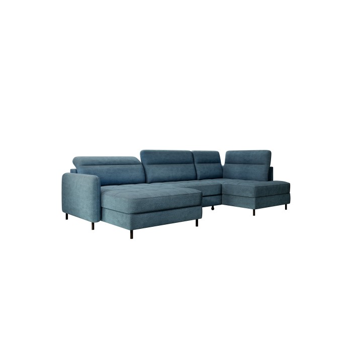Canapé d’angle convertible BERTHO 306 cm bleu canard – Angle gauche avec coffre 