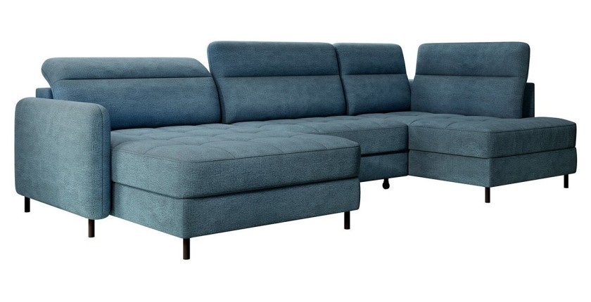 Canapé d’angle convertible BERTHO 306 cm bleu canard – Angle gauche avec coffre 