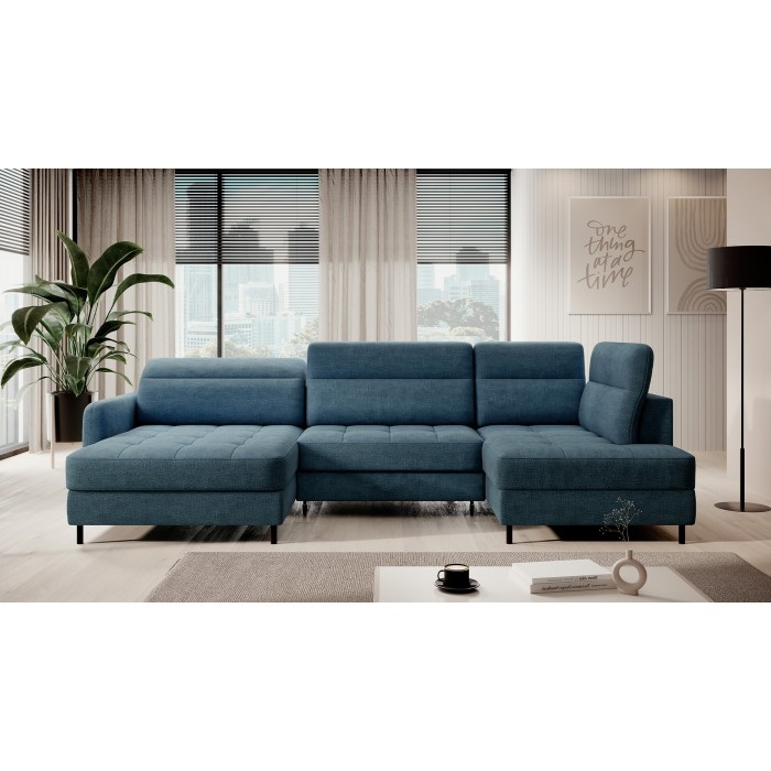 Canapé d’angle convertible BERTHO 306 cm bleu canard – Angle gauche avec coffre 