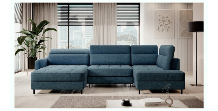 Canapé d’angle convertible BERTHO 306 cm bleu canard – Angle gauche avec coffre 