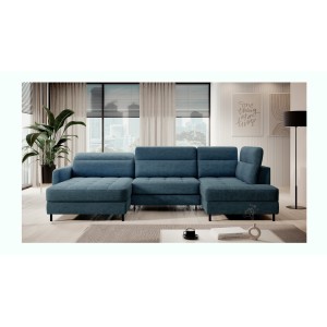 Canapé d’angle convertible BERTHO 306 cm bleu canard – Angle gauche avec coffre 