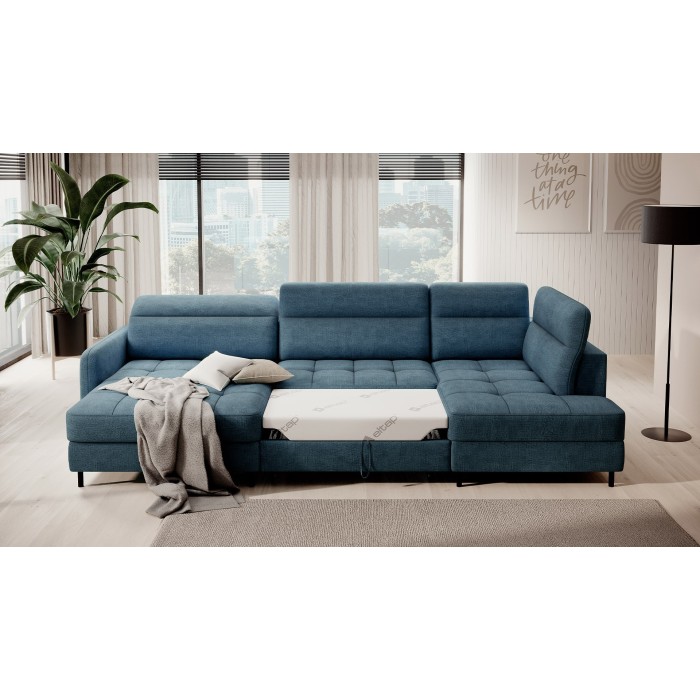Canapé d’angle convertible BERTHO 306 cm bleu canard – Angle gauche avec coffre 