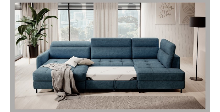 Canapé d’angle convertible BERTHO 306 cm bleu canard – Angle gauche avec coffre 