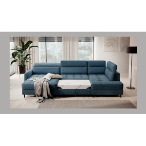 Canapé d’angle convertible BERTHO 306 cm bleu canard – Angle gauche avec coffre 