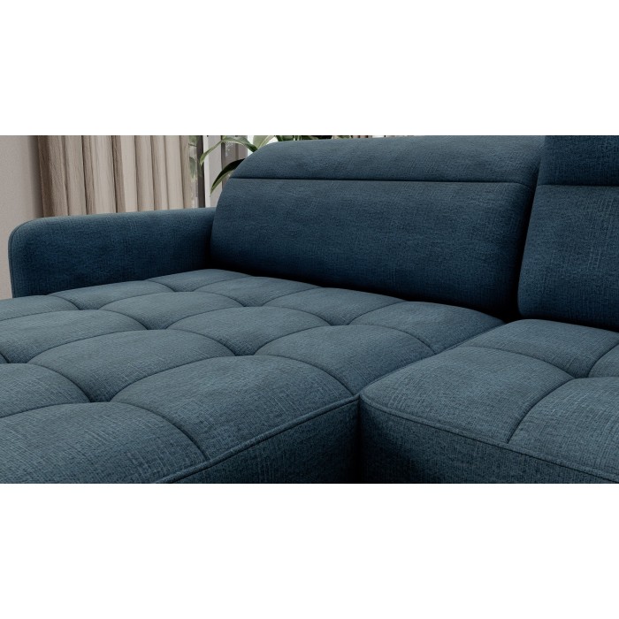 Canapé d’angle convertible BERTHO 306 cm bleu canard – Angle gauche avec coffre 