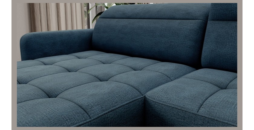 Canapé d’angle convertible BERTHO 306 cm bleu canard – Angle gauche avec coffre 