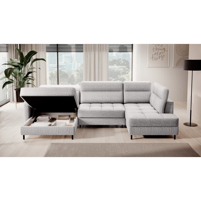 Canapé d’angle convertible BERTHO 306 cm gris clair – Angle gauche avec coffre 