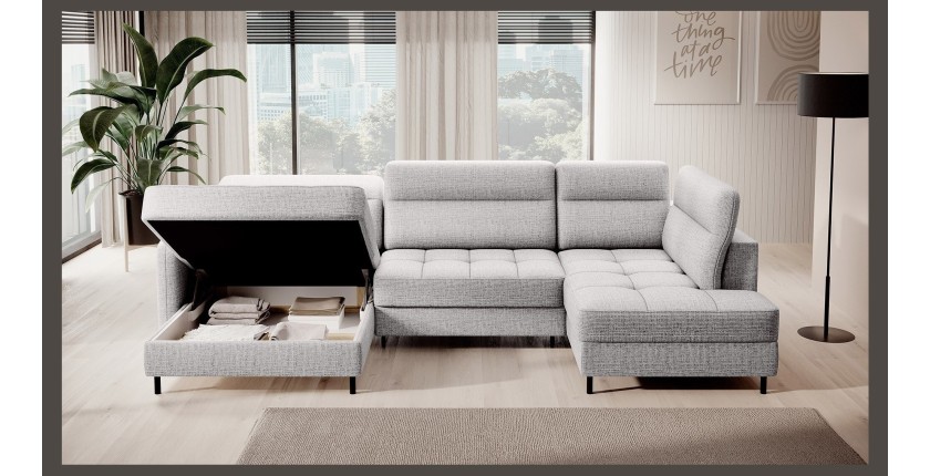 Canapé d’angle convertible BERTHO 306 cm gris clair – Angle gauche avec coffre 