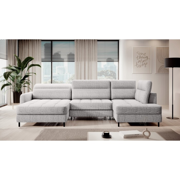 Canapé d’angle convertible BERTHO 306 cm gris clair – Angle gauche avec coffre 