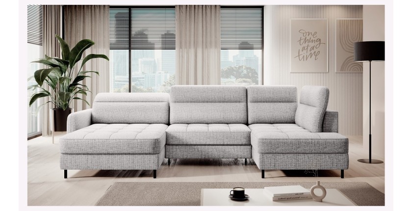 Canapé d’angle convertible BERTHO 306 cm gris clair – Angle gauche avec coffre 