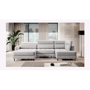 Canapé d’angle convertible BERTHO 306 cm gris clair – Angle gauche avec coffre 