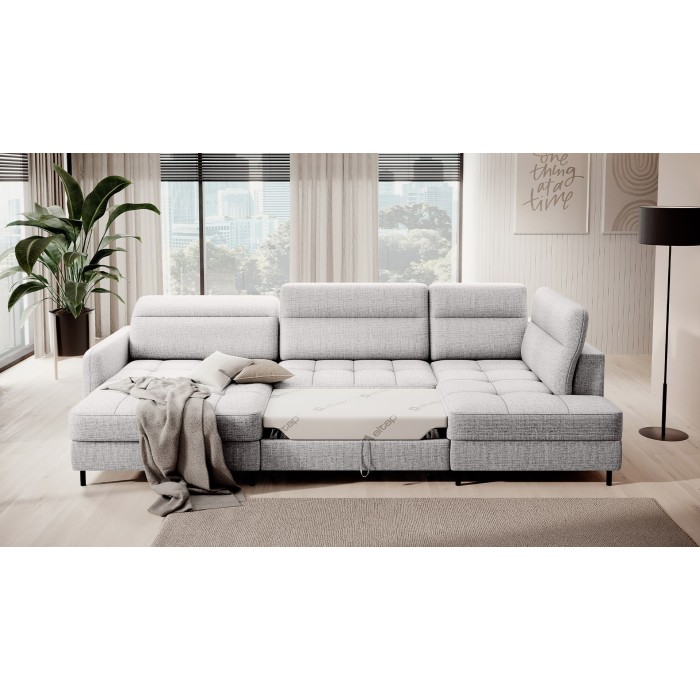Canapé d’angle convertible BERTHO 306 cm gris clair – Angle gauche avec coffre 