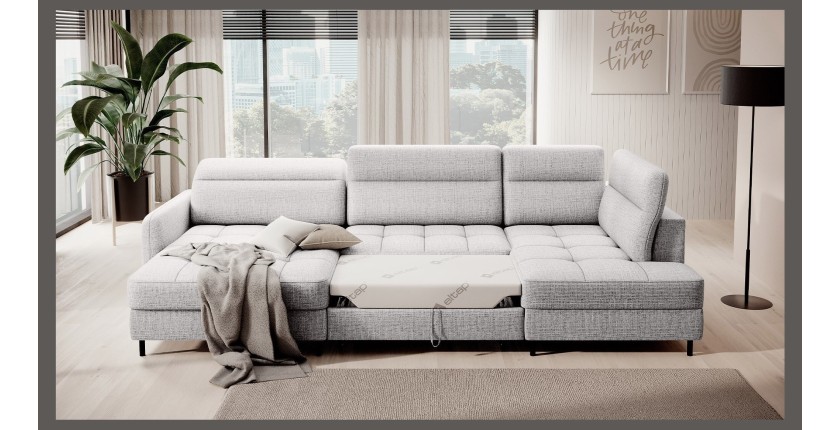 Canapé d’angle convertible BERTHO 306 cm gris clair – Angle gauche avec coffre 