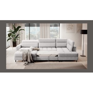 Canapé d’angle convertible BERTHO 306 cm gris clair – Angle gauche avec coffre 