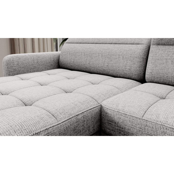 Canapé d’angle convertible BERTHO 306 cm gris clair – Angle gauche avec coffre 