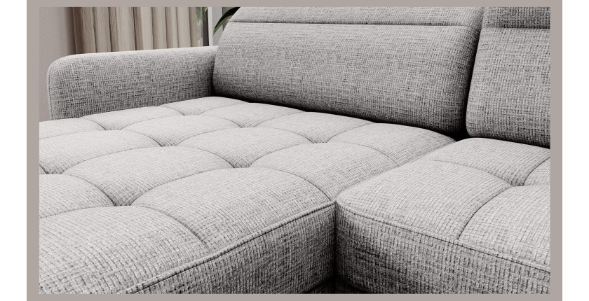 Canapé d’angle convertible BERTHO 306 cm gris clair – Angle gauche avec coffre 
