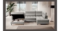 Canapé d’angle convertible BERTHO 306 cm gris clair – Angle gauche avec coffre 