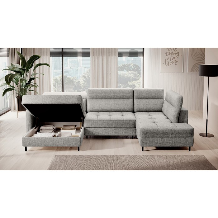 Canapé d’angle convertible BERTHO 306 cm gris clair – Angle gauche avec coffre 