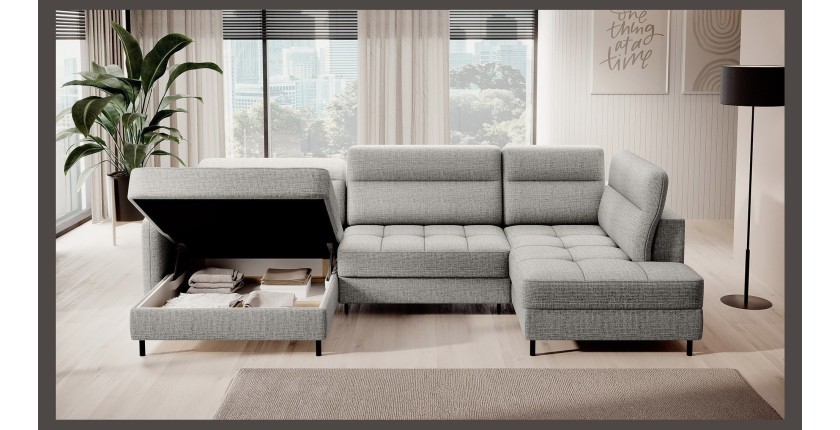 Canapé d’angle convertible BERTHO 306 cm gris clair – Angle gauche avec coffre 