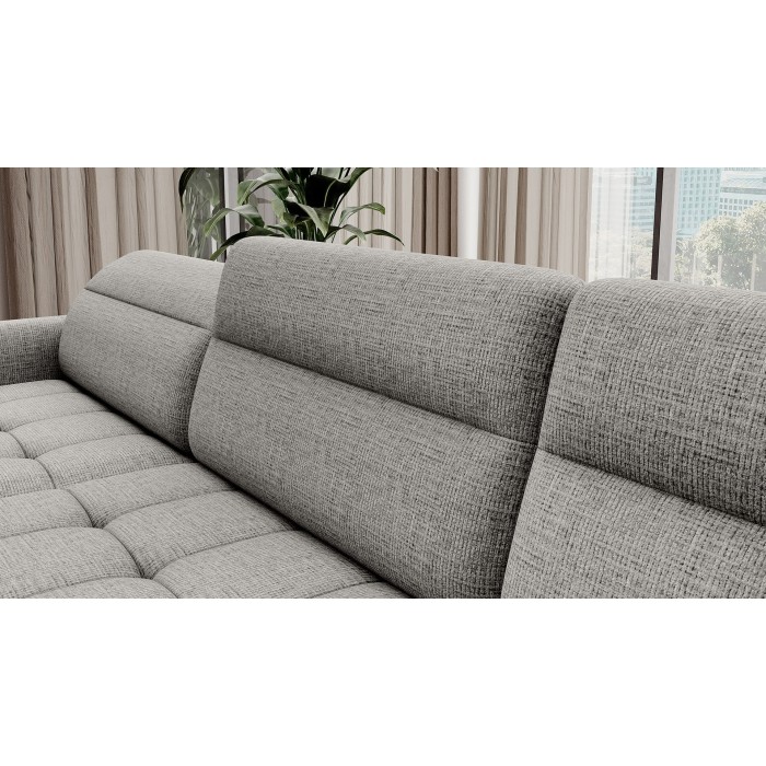 Canapé d’angle convertible BERTHO 306 cm gris clair – Angle gauche avec coffre 